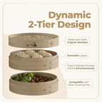 Bamboo Steamer Basket - Cook Delicious Meals with Authentic Flavor at Home | 12 Inch, 2 Tiers + 50 Liners, Chopsticks and Sauce Dish - Steam Family Portions of Dumplings, Bao and Vegetables at Once