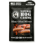 Bearded Butchers Natural Hog Sausage Casings 32-35mm, Edible Pre-Flushed | Stuffs 25-30 lbs, natural snap & bite, resealable brine bag, for bratwurst, Italian sausage, kielbasa, hot dogs, Polish