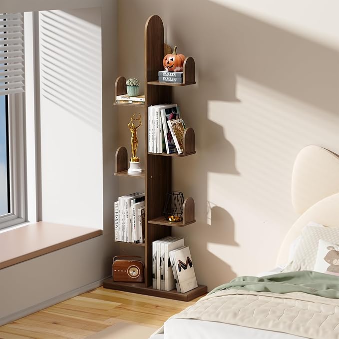 Cactus Bookshelf, Tree Bookshelf for Bedroom, Solid Wood Geometric Bookcase, Spine Bookshelf and Book Tower with Living Room, Walnut