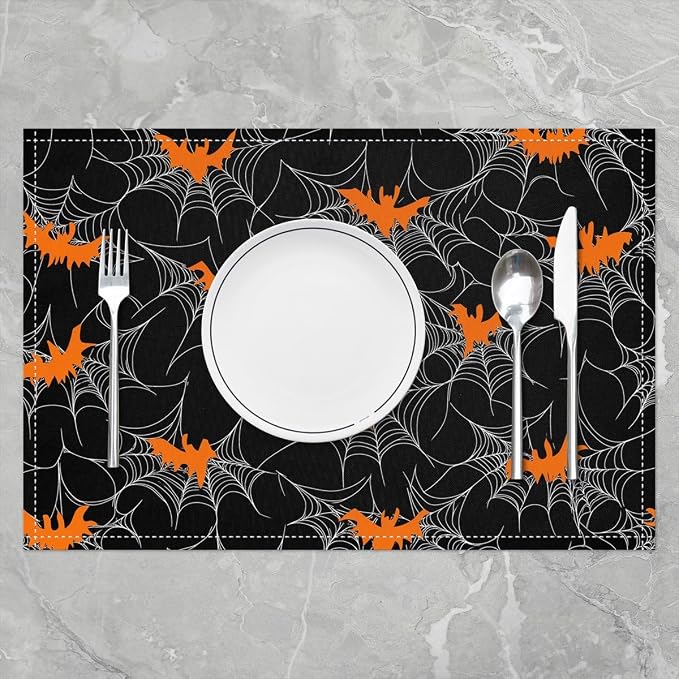 Feelyou Happy Halloween Placemats Set of 4 Spider Web Table Mats for Party Kitchen Dining Decoration Deep Black Orange Place Mat for Table Holiday Decor Indoor Outdoor 18"x12" Non-Slip Bats Pattern