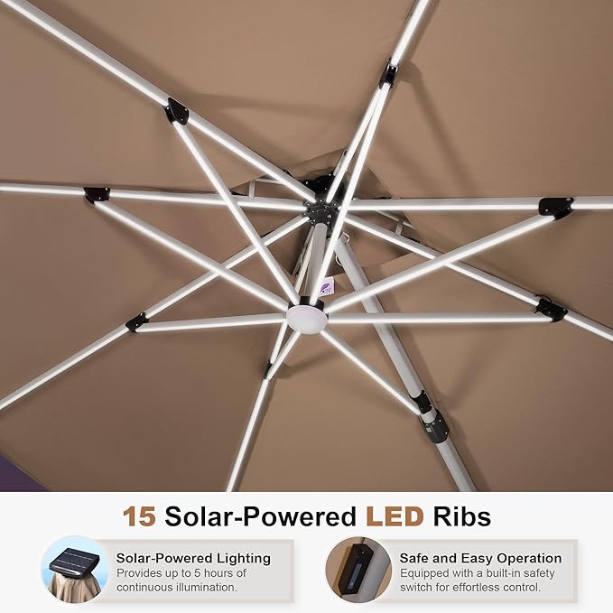 PURPLE LEAF 10 Feet Double Top Deluxe Solar Powered LED Square Patio Umbrella Offset Hanging Umbrella Outdoor Market Umbrella Garden Umbrella, Beige