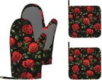 Vintage Red Rose Oven Mitts and Pot Holders (4PCS),Heat Resistant Non-Slip Silicone Kitchen Gloves for Cooking, Baking, BBQ Waterproof Kitchen Accessories