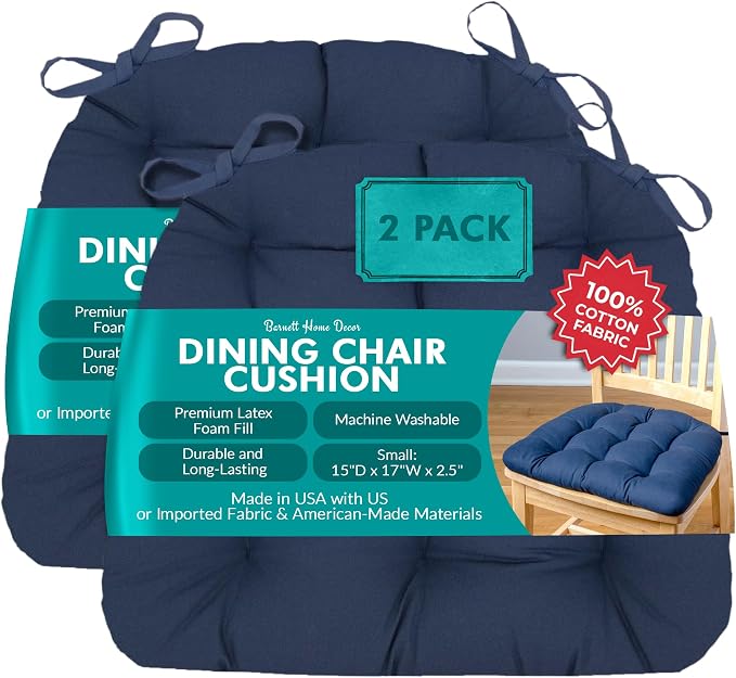 Barnett Home Decor Dining Chair Cushions with Ties – Size Small 15 x 17 - Latex Foam Fill, 100% Cotton, Machine Washable Chair Pads for Kitchen Chairs, Made in USA (Cotton Duck Navy Blue/Pack of 2)