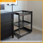 RIVECO 19" 12U Server Rack Open Frame with Wheels + PDU (8 Outlets) Power Strip Surge Protector + 1U Rack Shelf Cantilever Tray Set Black