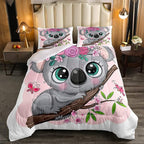 Erosebridal Cartoon Koala Comforter Set Twin Size, Cute Koala Bedding Set, Cherry Blossom Rose Quilted Duvet for Kids Baby Toddler, Nursery Quilt Set, Butterfly Branch Leaves Duvet Set