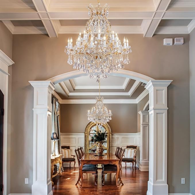Large Gold Crystal Chandelier Light Fixtures - 24 Lights Modern Crystal Chandeliers for Hotel, Lobby, Foyer, Entryway Hall, Staircase High Ceiling Chandelier 2 Layers