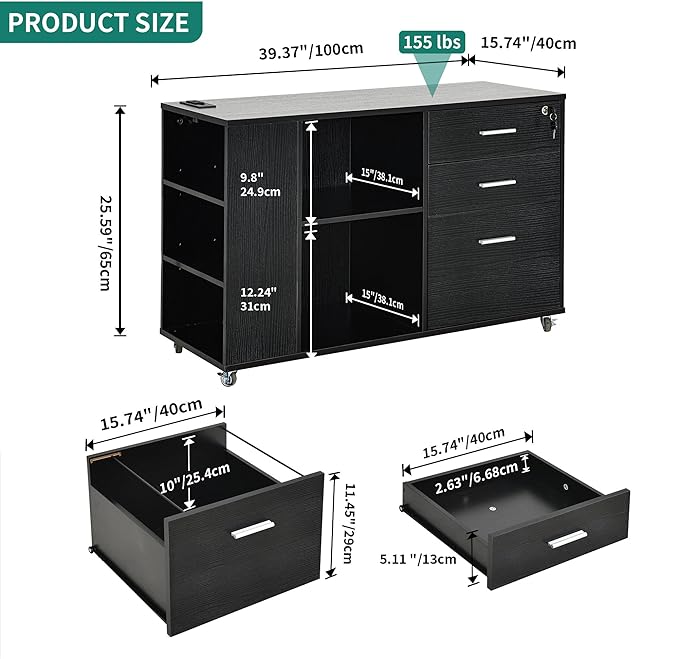 YITAHOME File Cabinet with Charging Station, Mobile Lateral Filing Cabinet with Lock for Home Office, Printer Stand with Open Storage Shelf, Fits A4, Letter, Legal Size Files, Office Furniture, Black