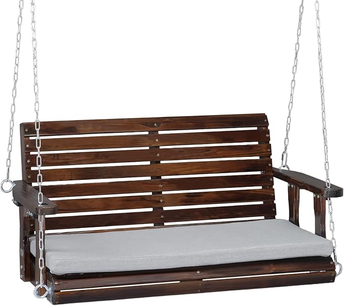 VINGLI Outdoor 4 FT Porch Swing, Heavy Duty 880 LBS Wooden Patio Swings with Cushions, Farmhouse Style Hanging Bench with Adjustable Chains for Yard | Garden | Lawn | Balcony, Rustic