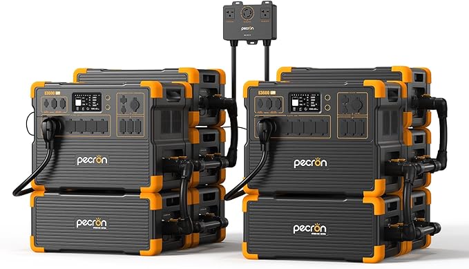 PECRON Two E3600LFP Portable Power Station with 240V Double Voltage Hub and Eight Extra Batteries, 3072Wh Power Station, 3600W LiFePO4 Battery Backup, Solar Generator for Home Use, RV, Camping