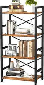 Bookshelf, 4 Tier Small Bookcase, Organizers and Storage, Metal Small Bookcase, Rustic Book Shelf Organization and Storage for Living Room, Bedroom, and Home Office(Rustic Brown)