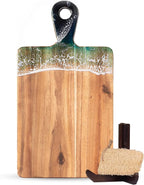 Acacia Wood Serving Board with Handle, 15" x 7.9" Dual-Sided Resin Art Tray for Display & Prep, Handcrafted Cutting Board, Includes Stand & Loofah, Christmas Housewarming Gift (Rectangular)