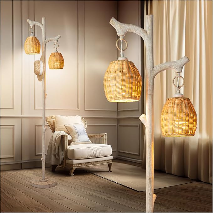 68" High Farmhouse Rustic Country Cottage Floor Lamp Tree Trunk Faux Wood Column White Washed Wicker Drum Shade Decor for Living Room Bedroom Reading Room