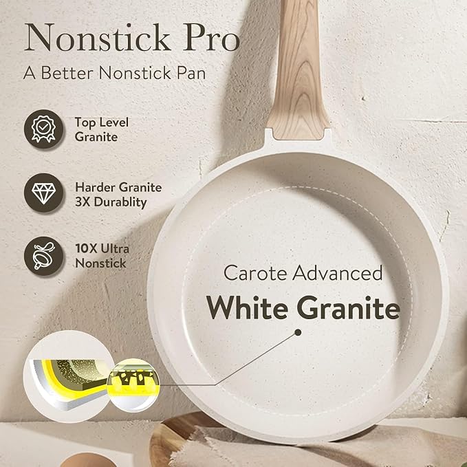 CAROTE Non Stick Frying Pan, 10 Inch White Granite Skillet with Glass Lid | Non Toxic Kitchen Healthy Cookware, Compatible with All Stovetop, Easy to Clean, PFOA Free