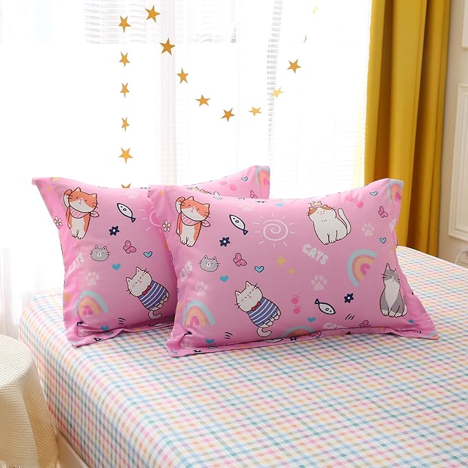 Kids Cute Cat Comforter Set Full Size 7 Piece Pink Rainbow Star Sun Heart Bed in A Bag Kawaii Animal Butterfly Fish Bedding Set for Girls Teens Super Soft All Season
