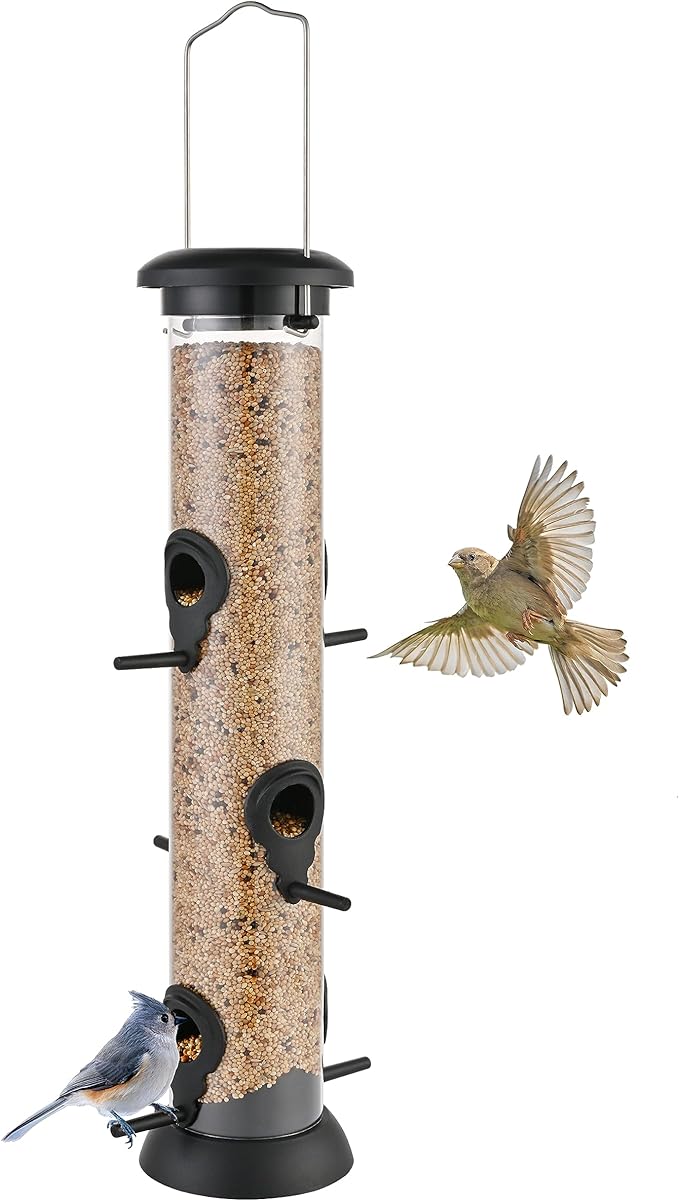 Bird Feeder Premium Hard Plastic for Wild Bird Feeders for Outdoors, Tube Bird Feeders for Outdoors Hanging,14 Inch 6 Port Black, Pack of 1