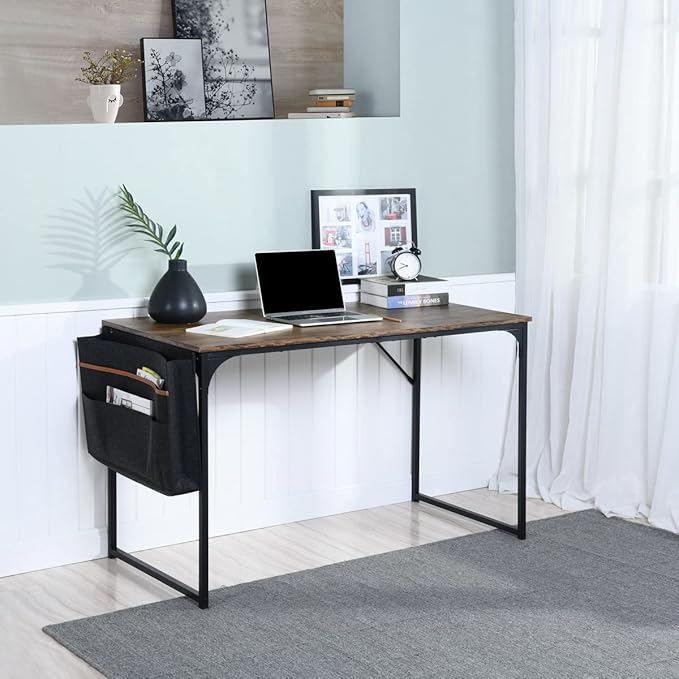 47 inch Study Storage Bag Space Saving for Home Office, Modern Simple Style PC, Black Metal Frame Computer Desk, Writing Table, Brown
