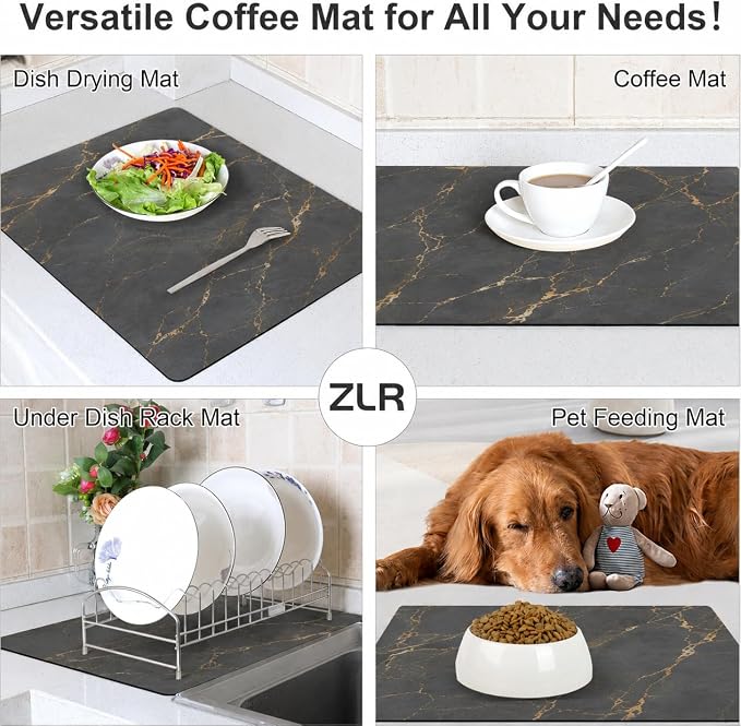 ZLR Coffee Bar Mat for Keurig & Nespresso, 12"x16" Small, Marble Gray | Absorbent Dish Drying Mat, Stain-Hiding PU Leather Top, Non-Slip Rubber Back, Heat-Resistant, Fits Frother & Pour-Over