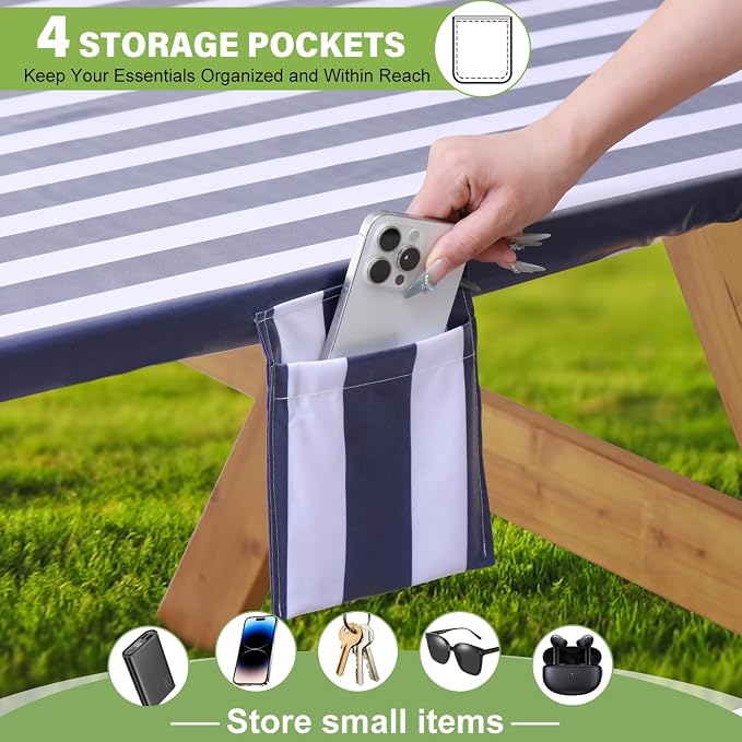Fitted Picnic Table Cover with Bench Covers Waterproof Elastic Edges Rectangle Patio Tablecloth Outdoor Camping Essentials Stuff Rv Accessories Summer Trip Travel Supplies Party Camper Gifts, 8 ft