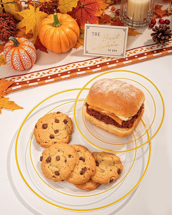 bUCLA 150Pcs Clear Gold Plastic Dinnerware Set - Clear and Gold Disposable Plates Include 25 Dinner / 25 Dessert Plates,25 Knives,25 Forks,25 Spoons,25 Cups for Party, Fall & Thanksgiving