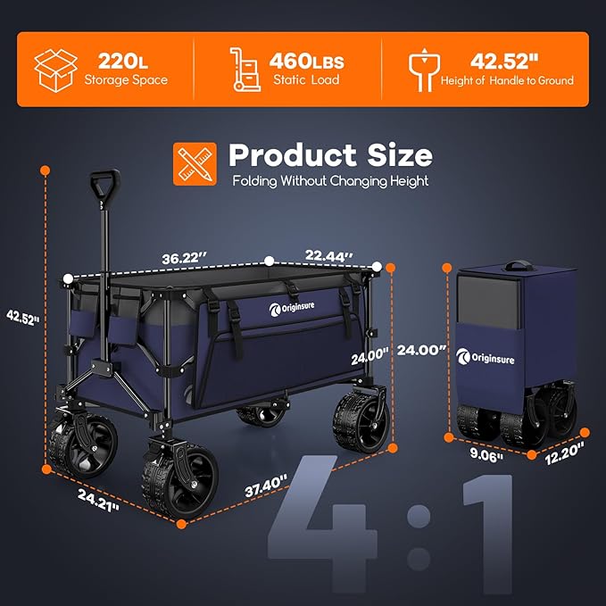 220L Collapsible Wagon Cart Foldable, 460lbs Load Capacity Heavy Duty Folding Beach Wagons with Big All-Terrain Wheels, Utility Carts for Groceries, Camping, Sports - Grey&Purple