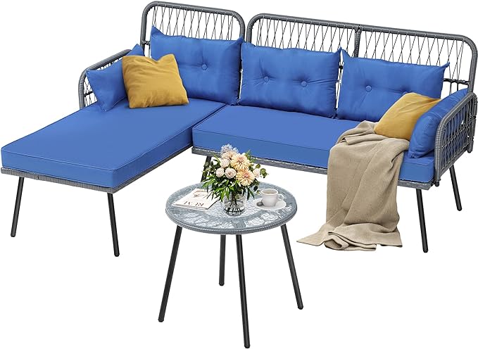 YITAHOME Patio Furniture L-Shaped Coversation Sectional Outdoor Sofa Set for Backyard, Porch with Thick Cushions Detachable Lounger, Side Table (Gray+Navy Blue)