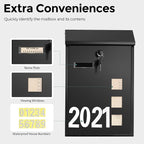 LAND·VOI Wall Mounted Mailbox with 4 Keys, Post Box for Wall and Fence, Viewing Windows, Nameplate, 3.94 x 9.8 x 15.6 Inches, Large Capacity, Includes Mailbox Numbers, Matt Black, AMB31B