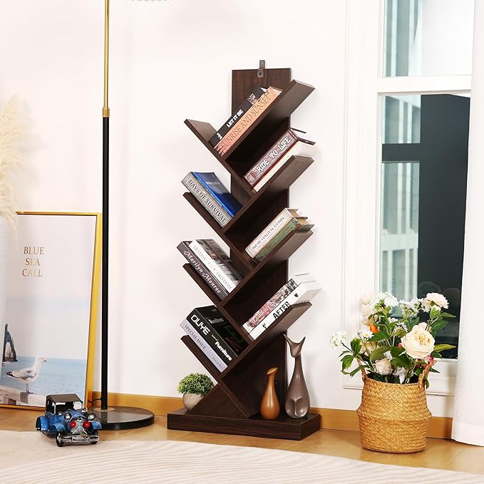 BATHWA Set of 2 Tree Bookshelves, Double 8 Shelf Tree Bookcases, Narrow I Shaped Book Shelves for Home Office, Rustic Wood Open Shelf Organizer Racks for Book CDs Magazines