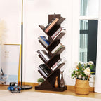 BATHWA Set of 2 Tree Bookshelves, Double 8 Shelf Tree Bookcases, Narrow I Shaped Book Shelves for Home Office, Rustic Wood Open Shelf Organizer Racks for Book CDs Magazines