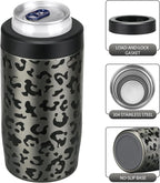 MAXSO Slim Can Cooler, 4-in-1 Double Walled Stainless Steel Insulated Beer Can Holder, Works With All 12 Oz Cans,Bottles & As A Pint Cups - Black Leopard