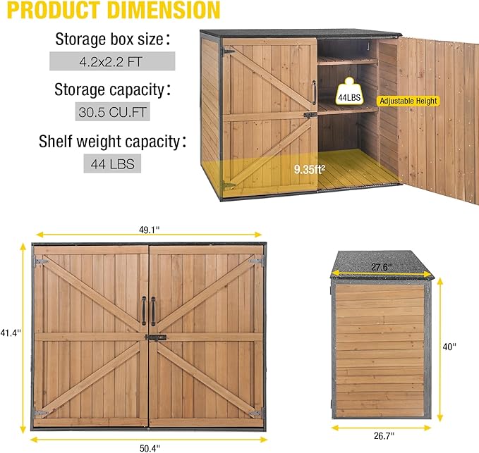 Aivituvin Outdoor Storage Cabinet Trash Can Storage Shed Upgraded with Metal Frame for Garbage Can, Gardening Tools and Accessories 50" L x 27.6" D x 41" H