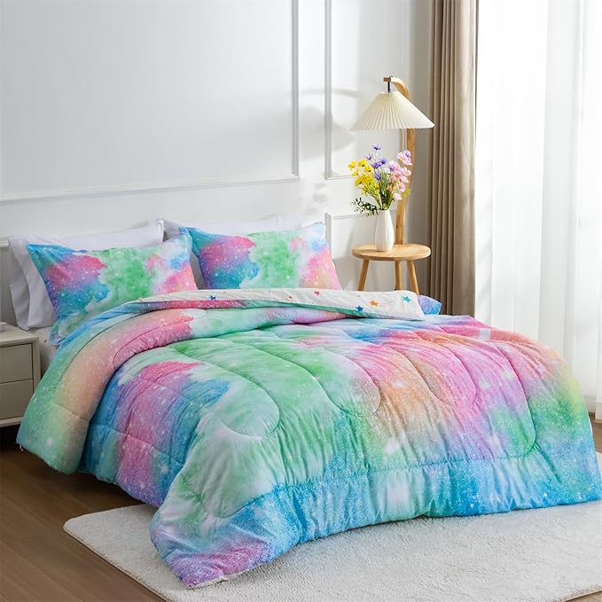 A Nice Night Galaxy Bedding Sets Outer Space Comforter 3D Printed Space Quilt Set Queen Size Glitter Pink Green Color,for Children Boy Girl Teen Kids