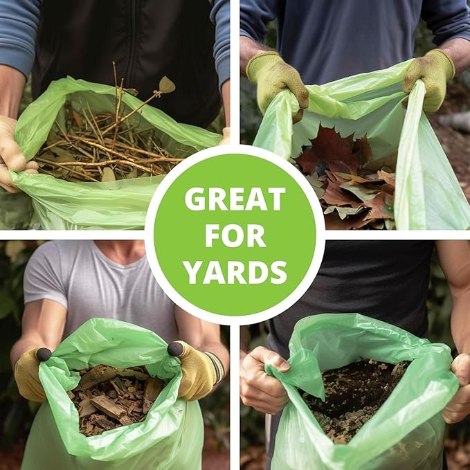 50-55 Gallon Compostable Trash Bags with Flat-Top, Heavy Duty Extra Thick 1.57 Mil, 208.2 Liter, 12 Bags, Large Lawn and Yard Waste Bag, ASTM D6400, US BPI and OK Compost Home Certified