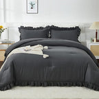 Andency Dark Gray Twin Size Comforter, 2 Pieces Kids All Season Ruffle Bed Comforter Set, Boho Lightweight Solid Farmhouse Shabby Chic Bedding Comforters & Sets (66x90Inch Comforter)