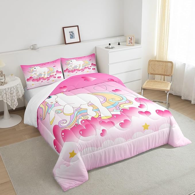 Girls Unicorn Comforter Set Full Girly Fantasy Rainbow Unicorn Bedding Set for Kids Little Girls, Pink Love Heart Duvet Sets Dreamy Horse Cartoon Magical Animal Down Comforter with 2 Pillowcases