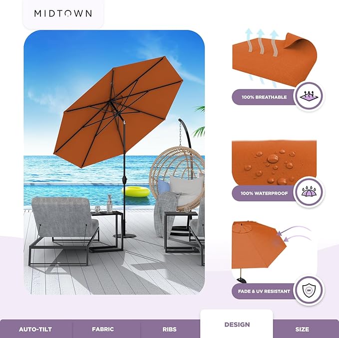 Midtown Umbrellas Sunbrella Umbrella 8 Feet Outdoor Umbrella With Sunbrella Terracotta Acrylic Fabric - Auto-Tilt Aluminum Frame Patio Umbrella For Backyard, Deck, Garden, Pool - Black Pole