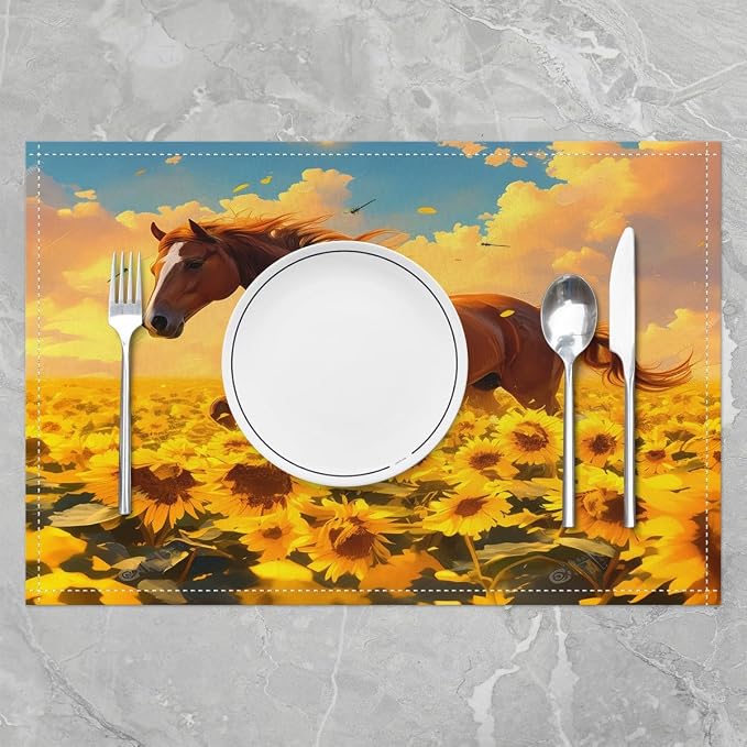 Feelyou Horse Placemats Set of 4 18"x12" Galloping Horse Table Place Mats Decor Sunflower Placemat for Kitchen Dining Table Women Men Cute Animal Decor Indoor Outdoor Decor Table Mats