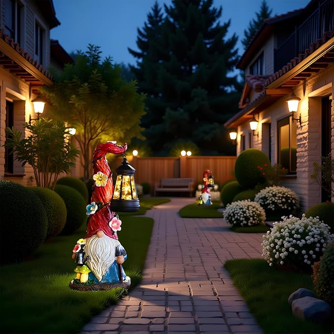 Solar Gnome Garden Statue Lights Gnome Figurine with Solar Lantern, Outdoor Garden Waterproof Ornaments Decorations for Yard Lawn Patio – Ideal Gift for Women Mom Grandma