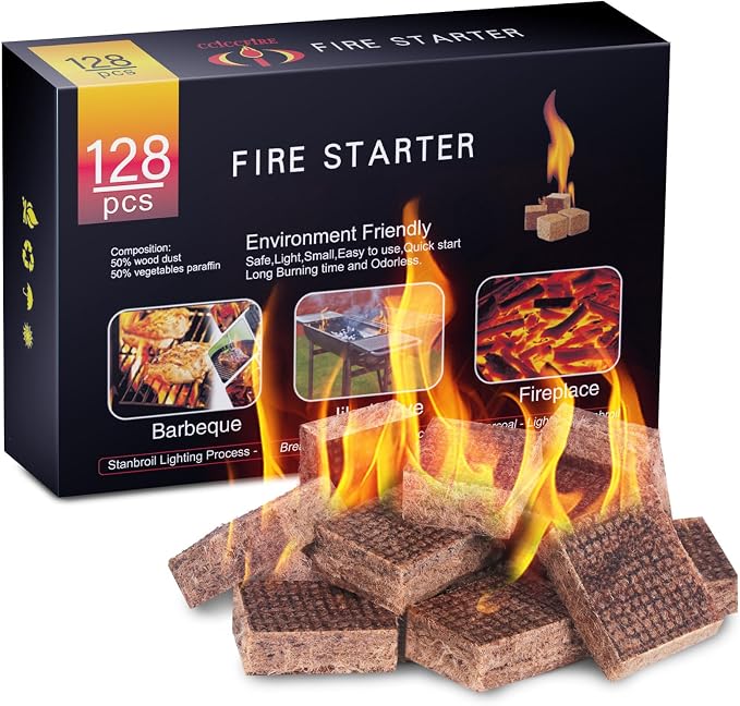 HGD Fire Starter, 128 Mini Square, Natural Fire Starters for BBQ, Campfire, Fireplace, Charcoal, Wood Stove, Chimney, Fire Pit, Grill, Smoker, Indoor Outdoor Use