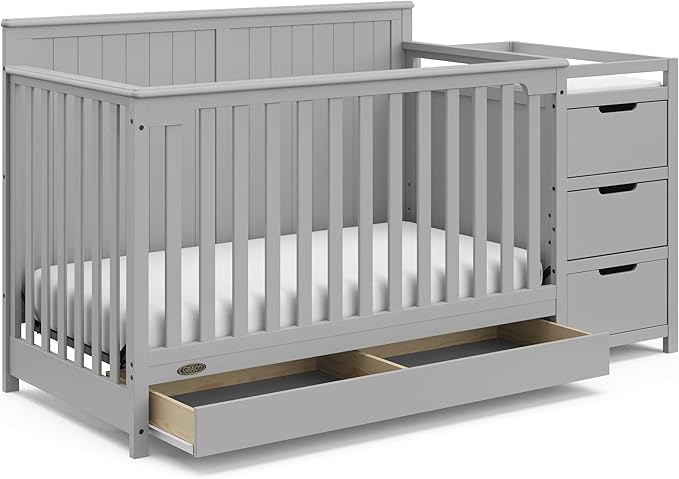 Graco Hadley 5-in-1 Convertible Crib and Changer with Drawer (Pebble Gray) – Crib and Changing-Table Combo with Drawer, Includes Changing Pad, Converts to Toddler Bed, Daybed and Full-Size Bed