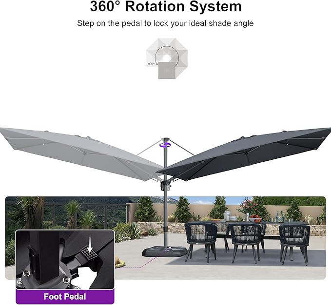 PURPLE LEAF 11' X 8' Left-right Tilting Patio Umbrella Outdoor Cantilever Swivel Rectangle Umbrella with Tilt Aluminum Offset Umbrella with 360-degree Rotation for Garden Deck Pool Patio Light Grey