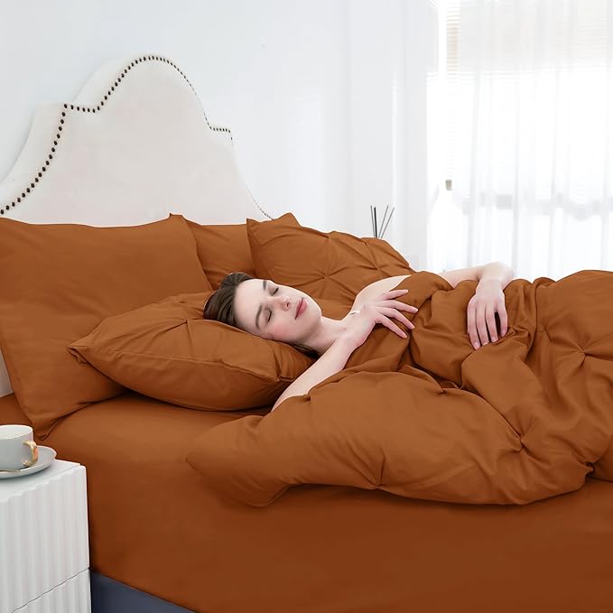 Ubauba 7pc Burnt Orange Queen Comforter Set, Rust 7 Piece Pintuck Bed in a Bag with Sheets, All Season Pinched Pleat Bedding Comforters & Sets,(Rustic, Queen Size)