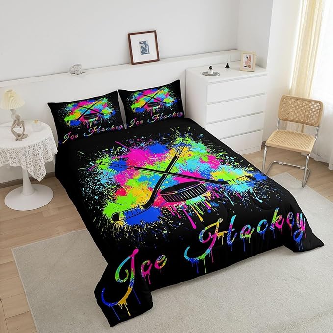 Feelyou Kids Ice Hockey Comforter Set Twin Size Gaming Sports Bedding Set for Boys Girls Teens Bedroom Decor Ice Sports Games Tie Dye Comforter Hockey Player Duvet Set with 1 Pillow Case