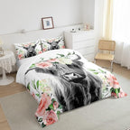 Highland Cow Bedding Set Kids Rose Floral Bull Cattle Comforter Set for Girls Teens Western Wildlife Animal Comforter Farmhouse Duvet Set Room Decor Quilt Set Twin Size
