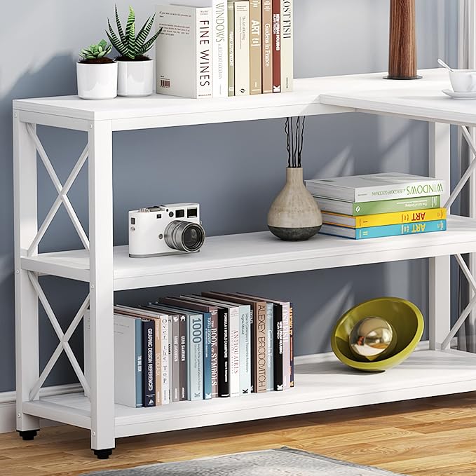 Tribesigns Reversible Industrial L-Shaped Desk with Storage Shelves, Corner Computer Desk PC Laptop Study Table Workstation for Home Office Small Space (White, 59")