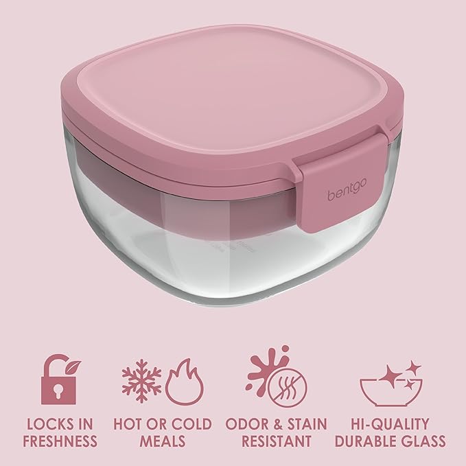Bentgo Glass All-in-One Salad Container - Large 61-oz Salad Bowl with Lid, 4-Compartment Bento-Style Tray, 3-oz Sauce Container, and Reusable Fork - Dishwasher, Microwave, and Oven Safe (Rose)