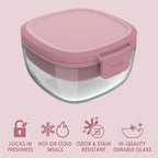 Bentgo Glass All-in-One Salad Container - Large 61-oz Salad Bowl with Lid, 4-Compartment Bento-Style Tray, 3-oz Sauce Container, and Reusable Fork - Dishwasher, Microwave, and Oven Safe (Rose)