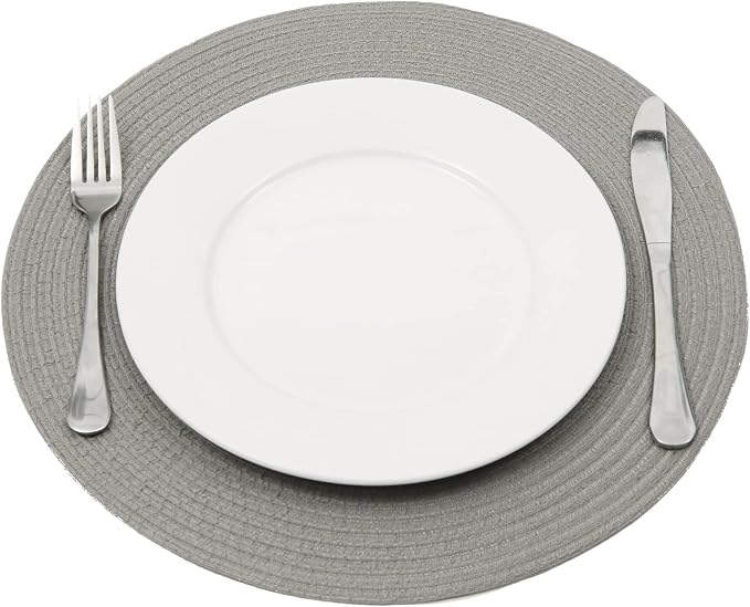 SHACOS Round Braided Placemats Set of 6 Thick Fabric Circle Grey Place Mats Woven Table Mats for Dining Tables 15 inch (Gray, 6)