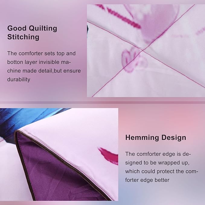 ENCOFT Butterfly Comforter Queen Size, 3 Pieces Girls Teen Kids Quilted Bedspread Queen Bed Comforter Bedding Sets, All Seasons Microfiber Purple Butterfly Bedding Set, with Pillowcase