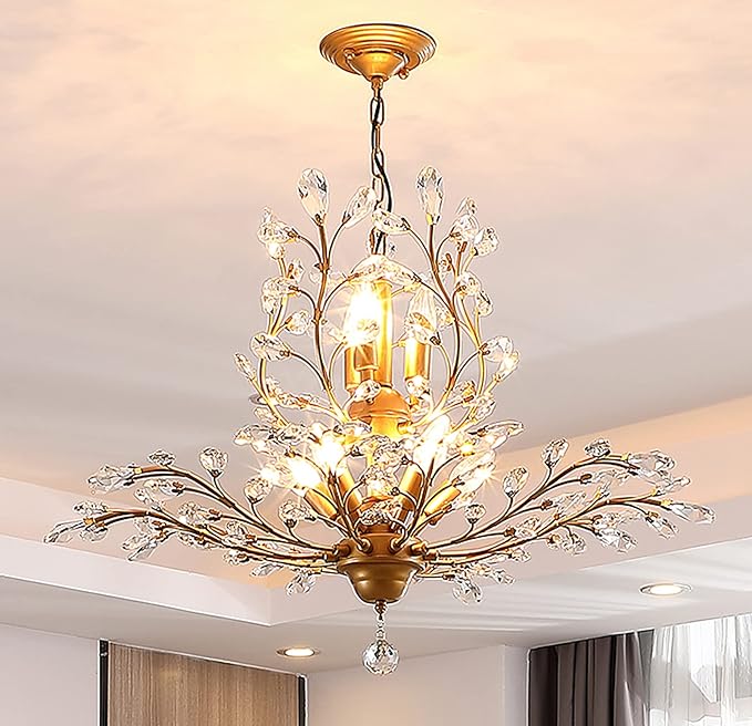 Ganeed Crystal Chandeliers,Vintage Pendant Lighting Crystal Chandelier Lighting Fixtures with 8 Lights,Ceiling Light Fixture for Living Room Bedroom Restaurant Porch Hallway (Gold)