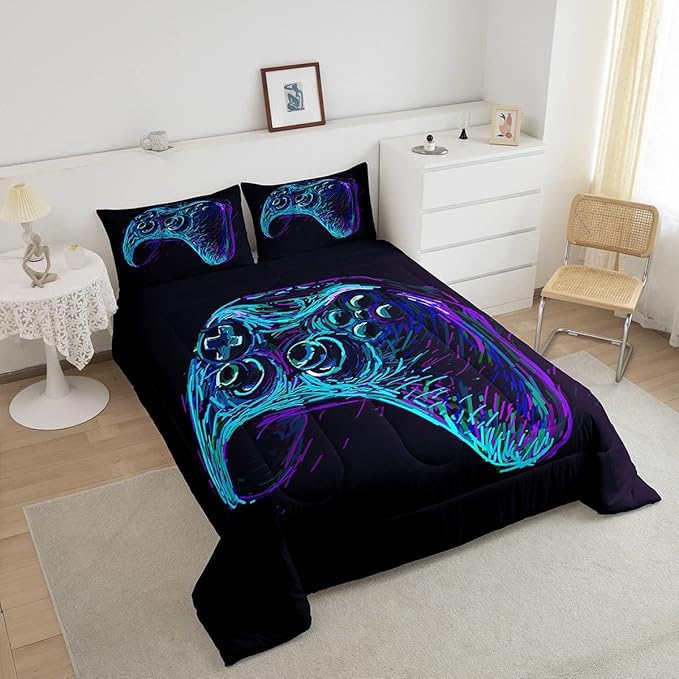 Gamer Comforter Set for Boys Teens Blue and Black Gaming Bedding Set Video Game Bedding Home Decor for Kids Comforter Queen Size 3 Pieces Gamepad Quilted Duvet Set 1 Comforter with 2 Pillowcases